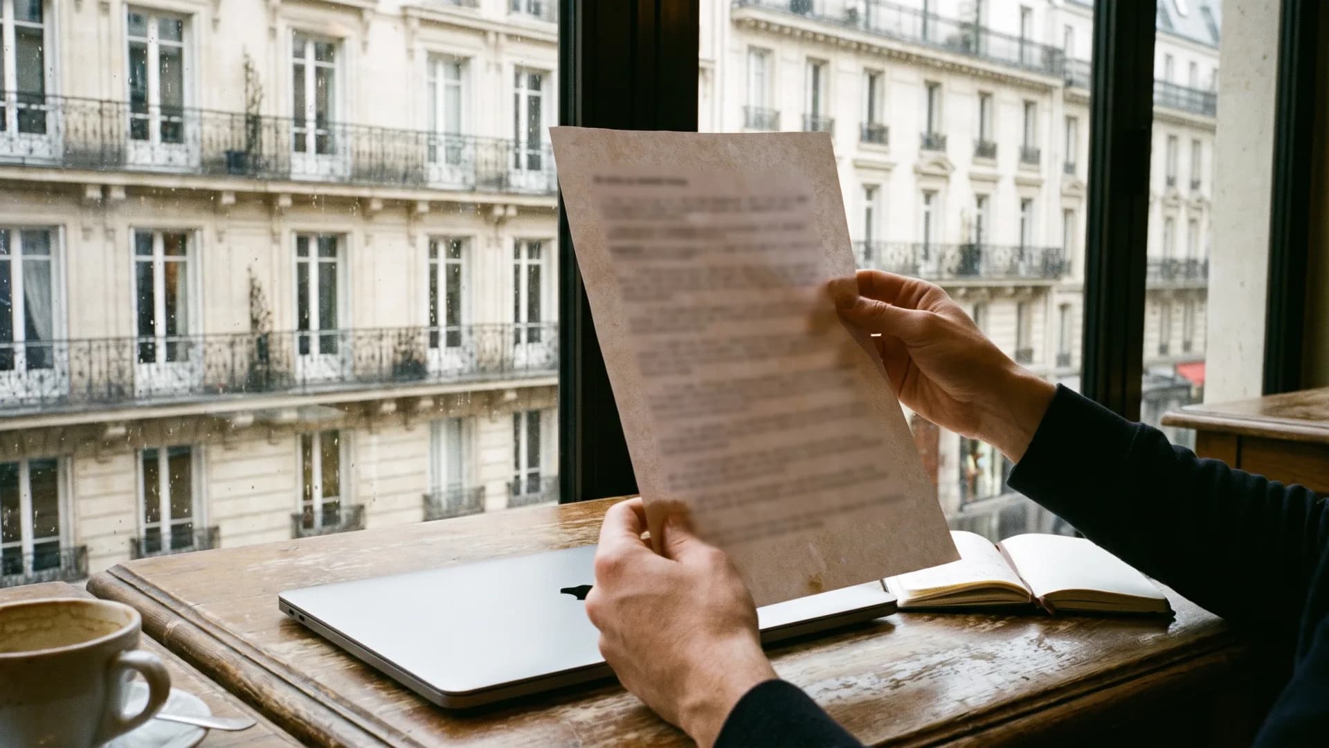 Lecture d’une fiche imprimée à un café parisien, ordinateur fermé, immeubles haussmanniens