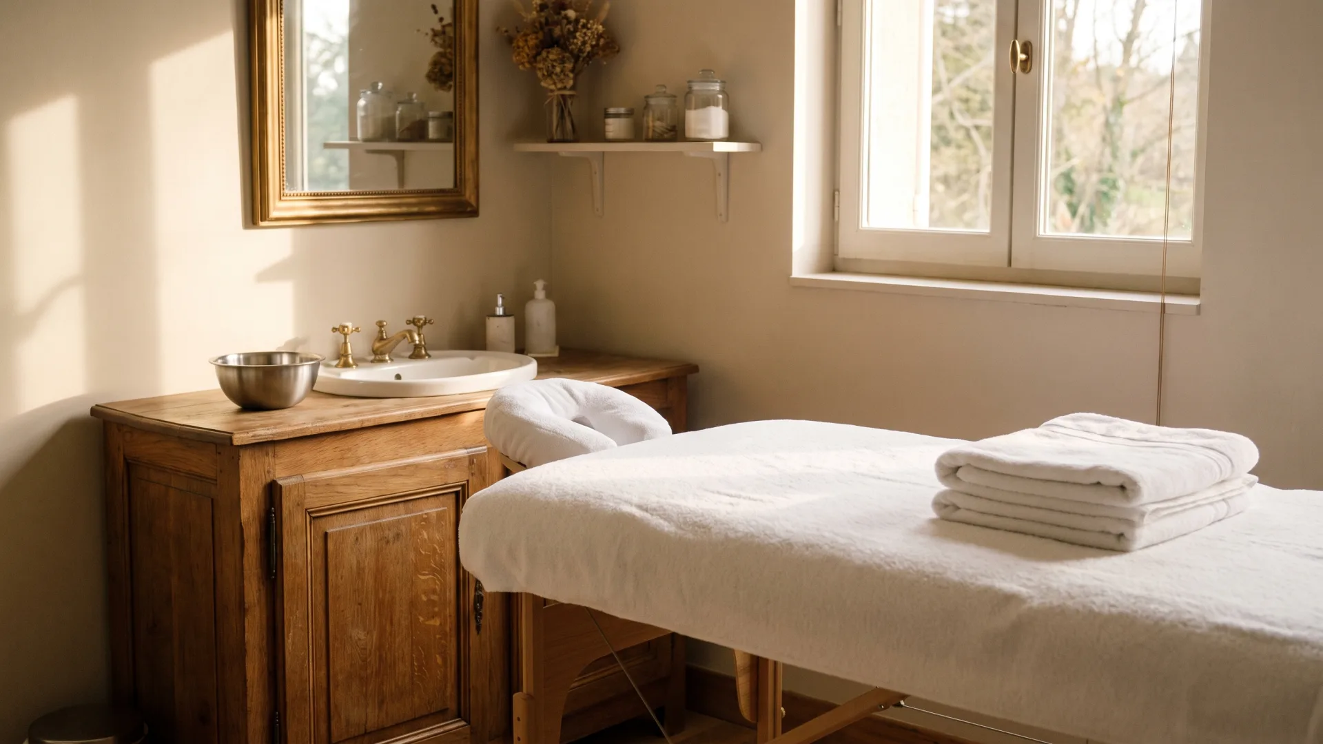 Petite cabine d’institut préparée pour un drainage du visage, table et vasque