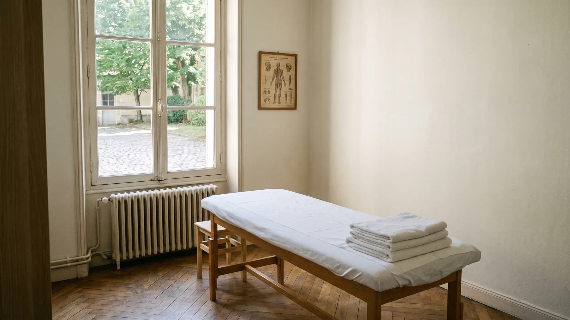 Cabinet de kinésithérapie préparé pour un drainage lymphatique manuel, table et serviettes