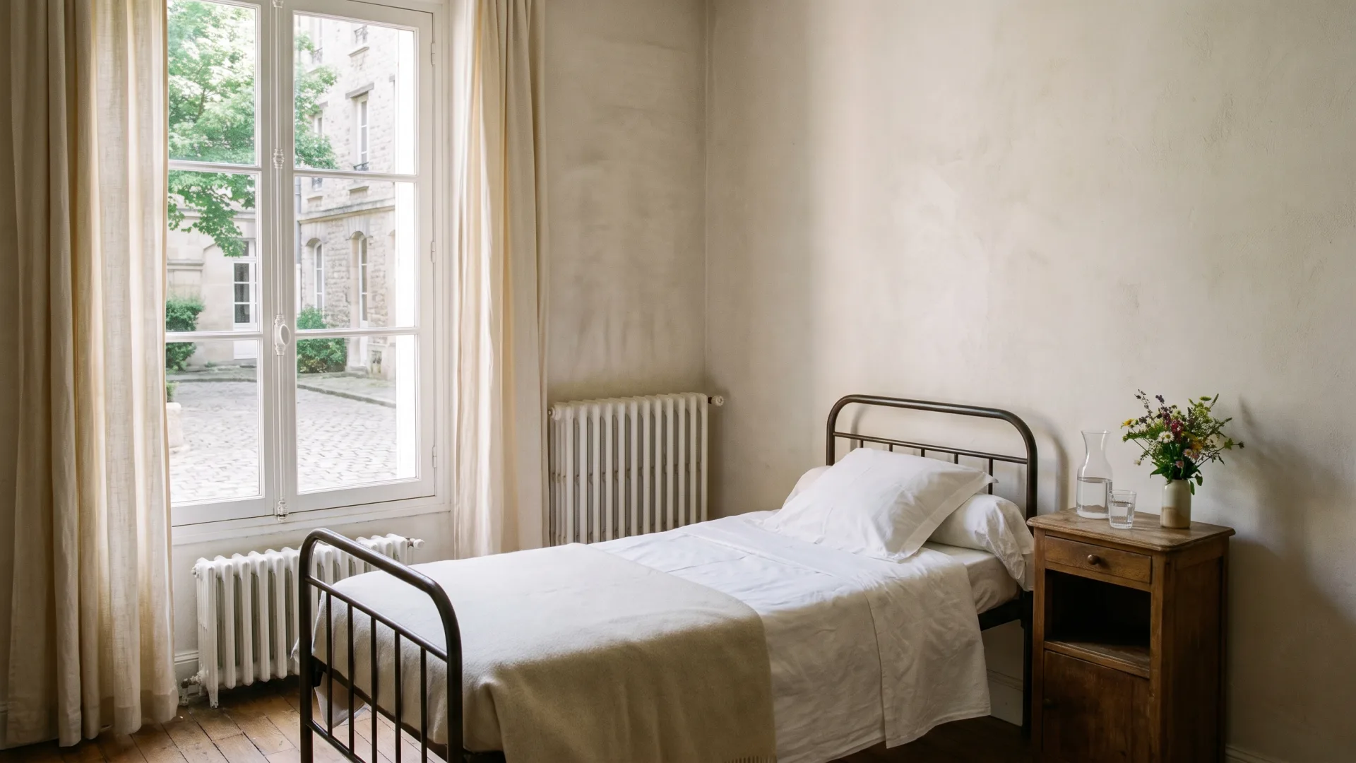 Chambre simple d’une clinique française, lit fait, carafe et bouquet, cour pavée