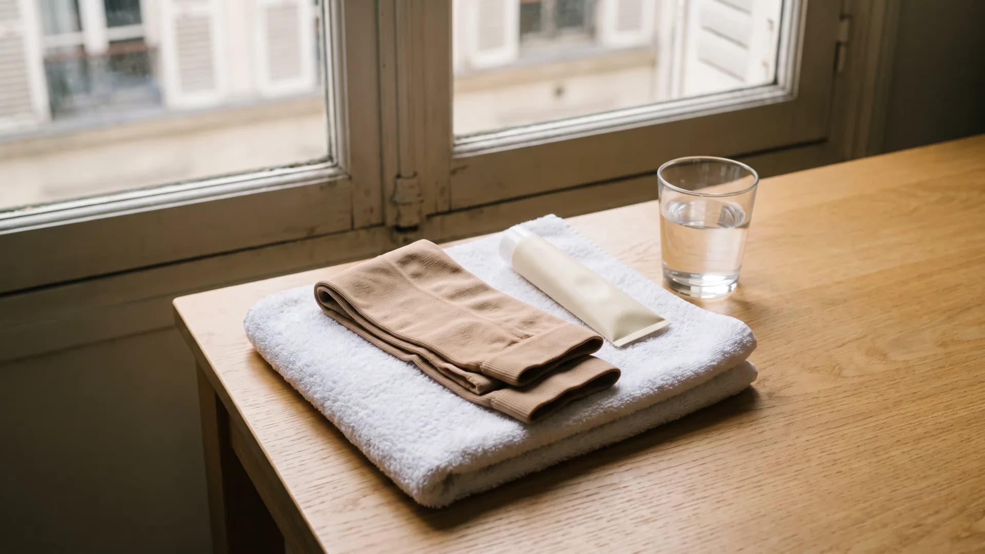 Bas de contention pliés sur une serviette, crème et verre d’eau près d’une fenêtre