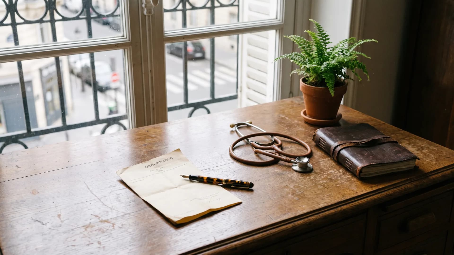 Bureau de médecin français : ordonnance, stylo, stéthoscope, fenêtre haussmannienne