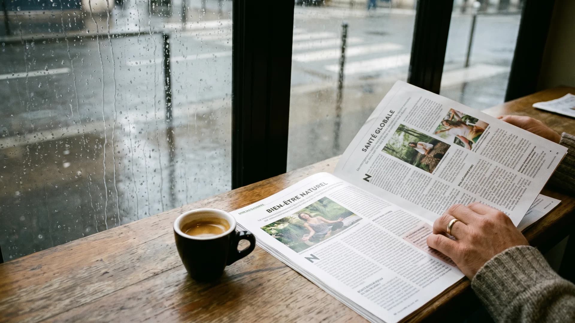 Table de café à Paris, pages imprimées et espresso, pluie sur la vitre