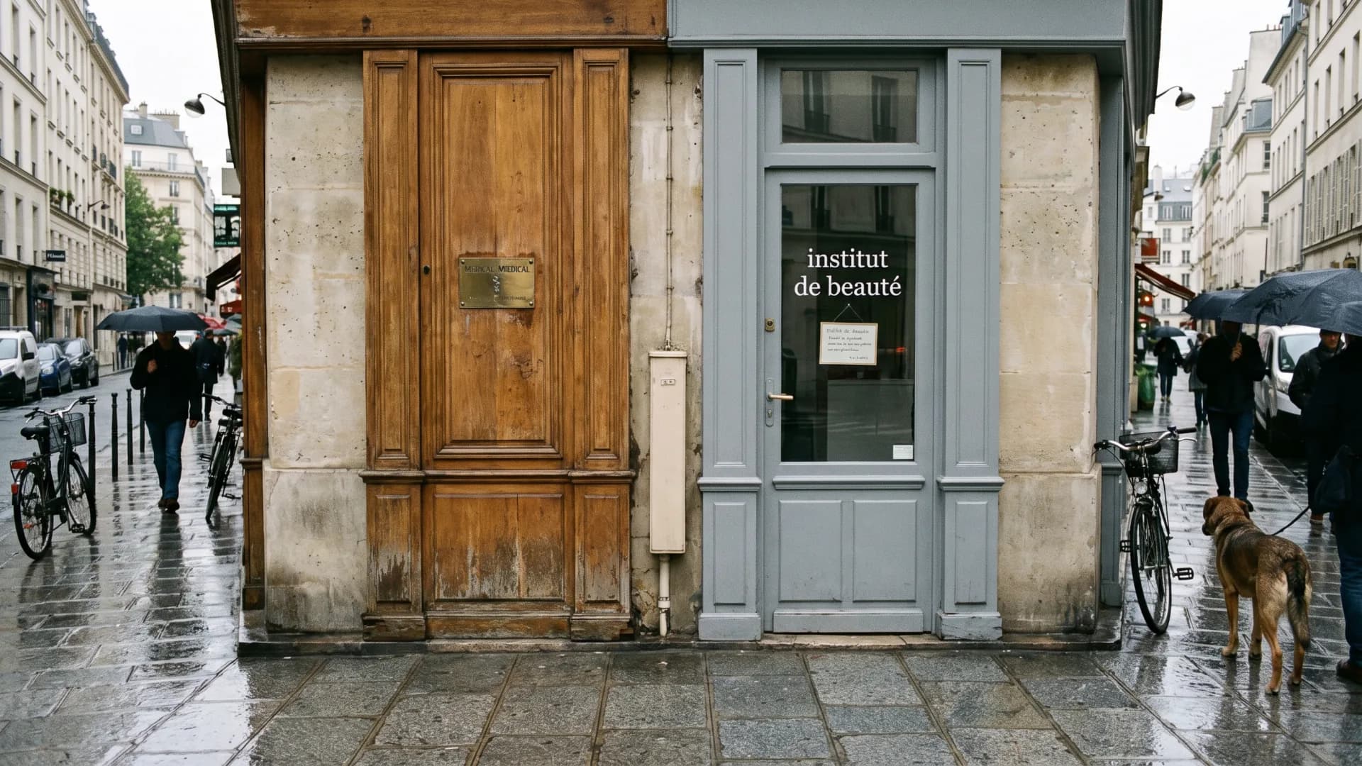 Deux portes voisines dans une rue parisienne : cabinet médical et institut de beauté