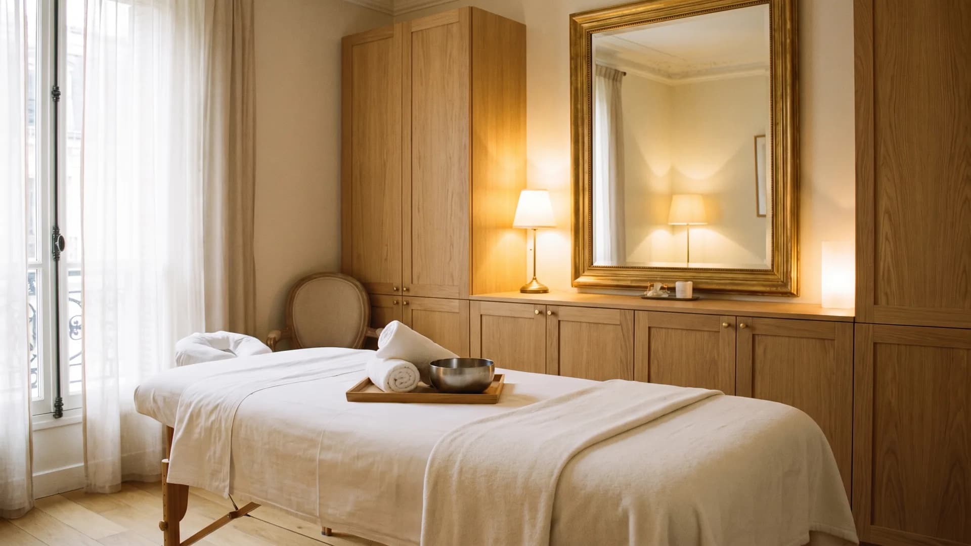 Cabine d’institut parisien préparée pour une séance de drainage, table et linge blanc