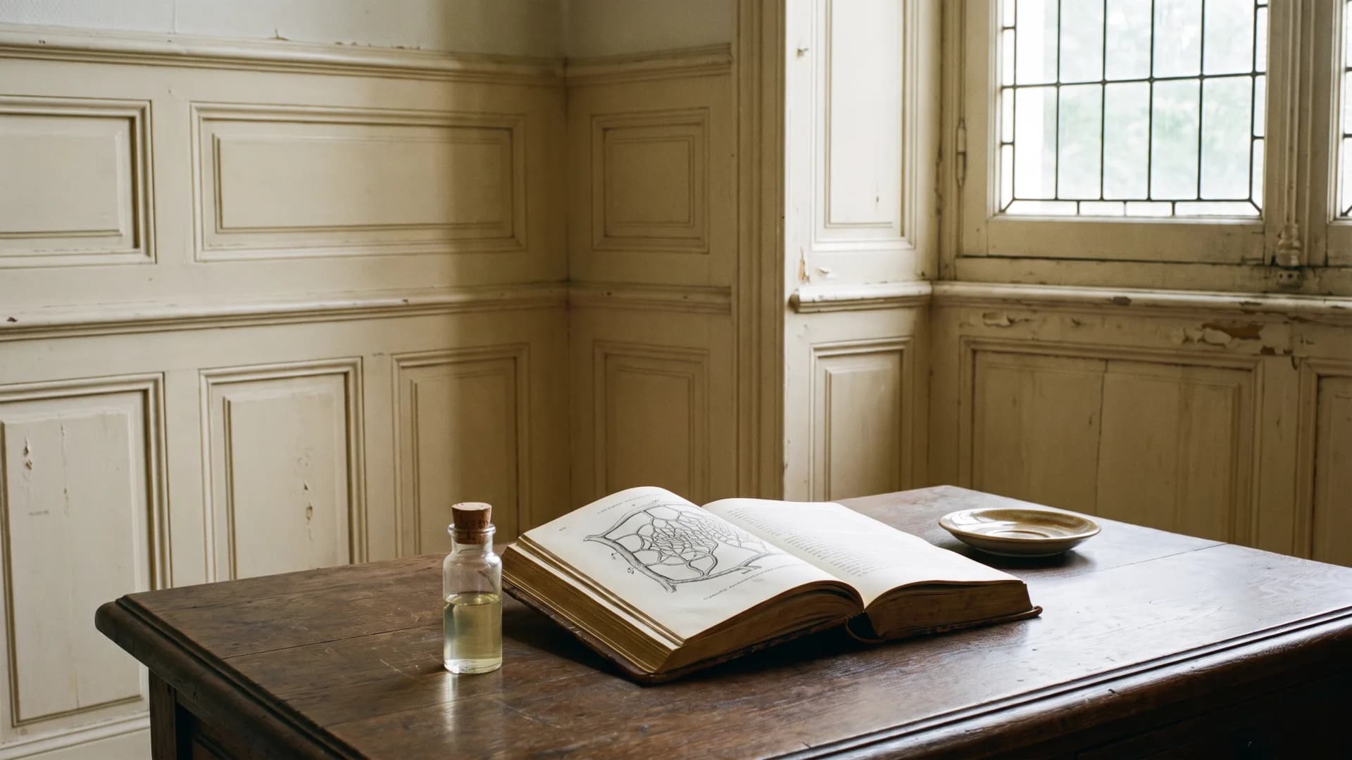Flacon pédagogique de liquide jaune pâle et atlas d’anatomie sur un bureau