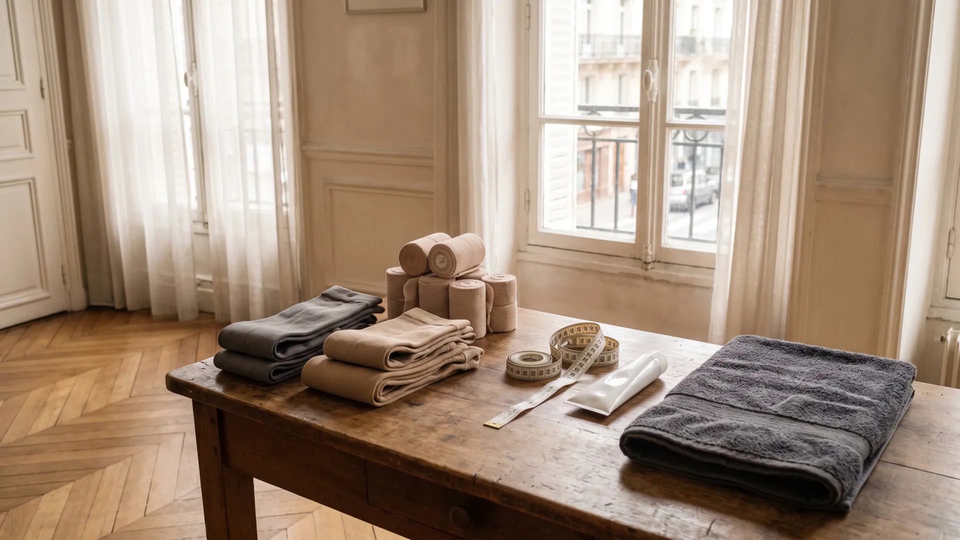 Bandes de contention, bas pliés et mètre ruban sur une table près d’une fenêtre