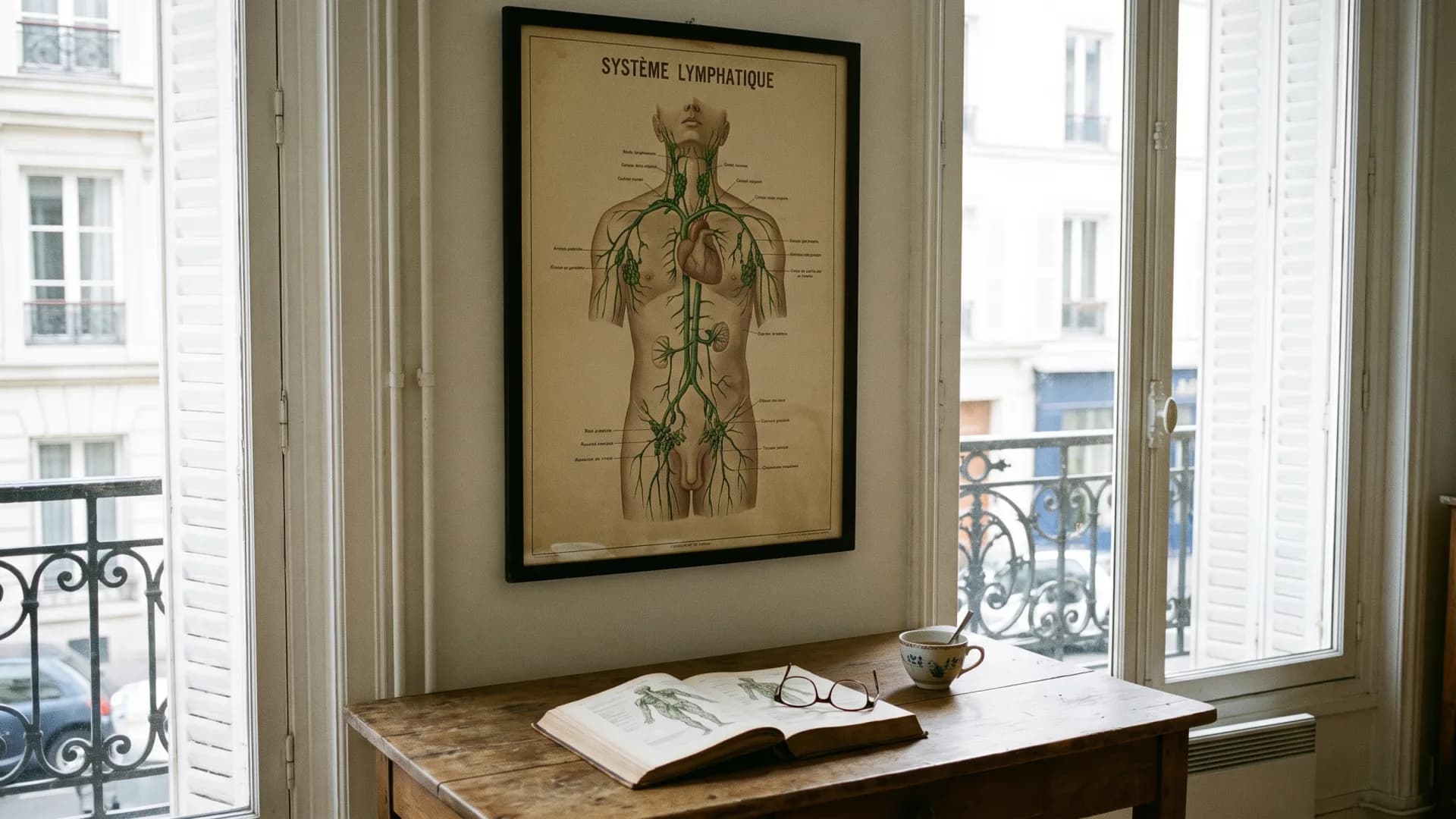 Planche anatomique du système lymphatique accrochée entre deux fenêtres parisiennes