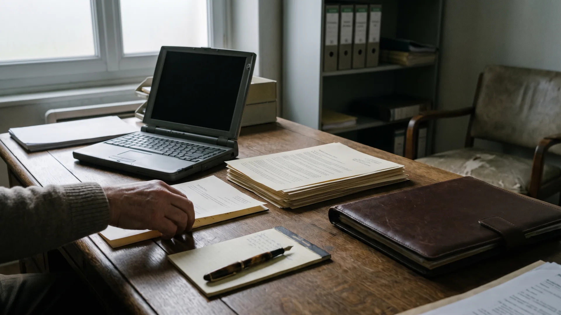 Bureau médical français : papiers, stylo, dossier, lumière de fin d’après-midi