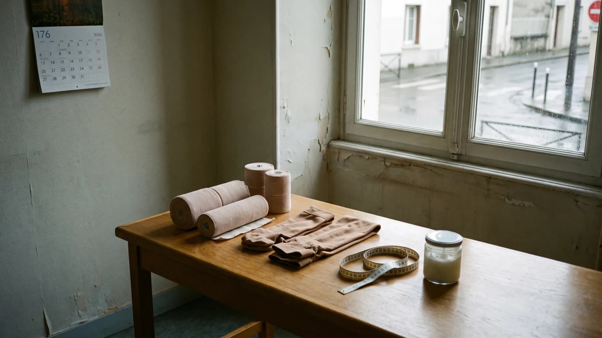 Cabinet de kiné : bandages, bas de contention, mètre et crème sur une table vide