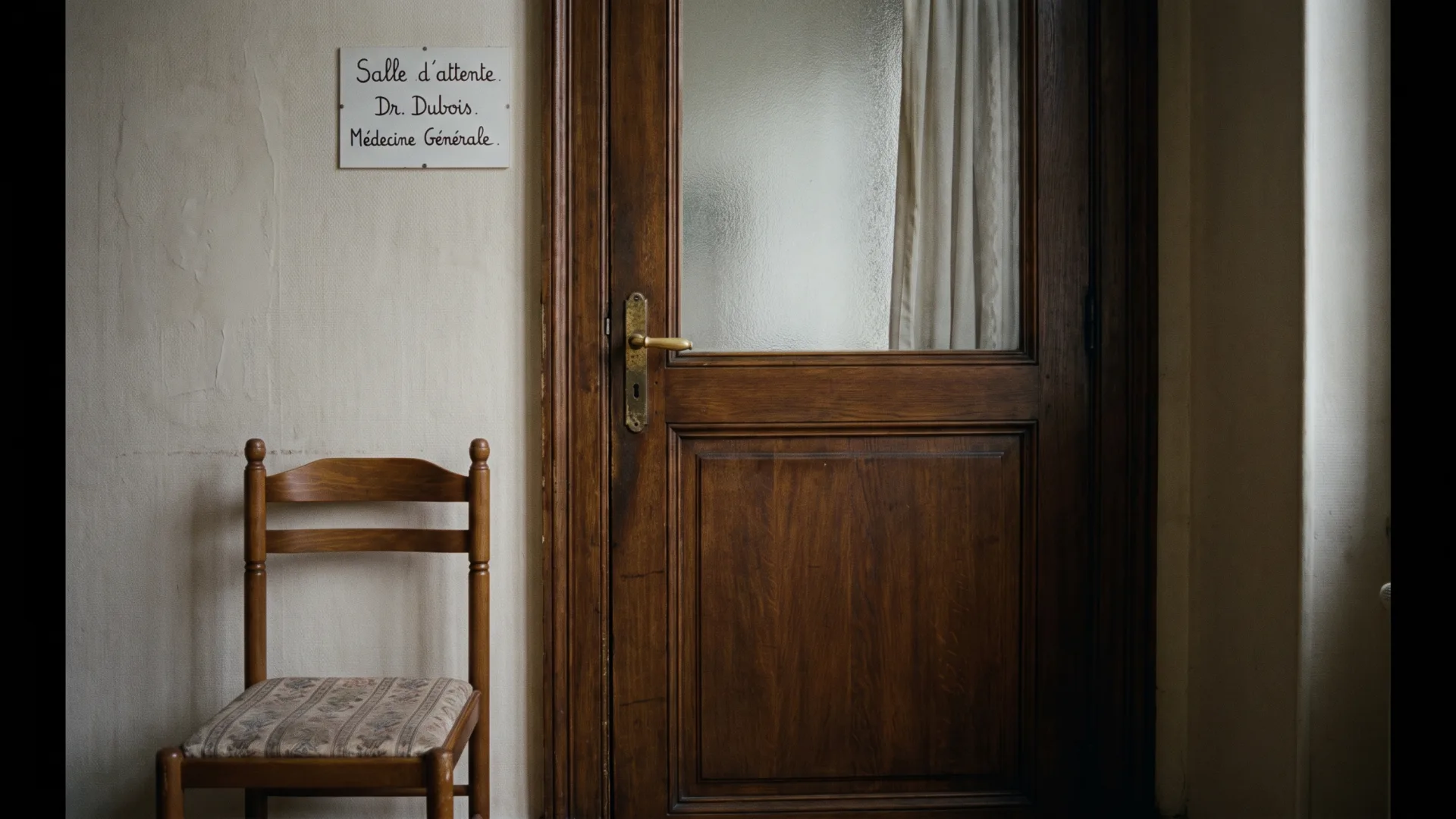 Porte fermée d’un cabinet médical, poignée laiton, verre dépoli, chaise vide