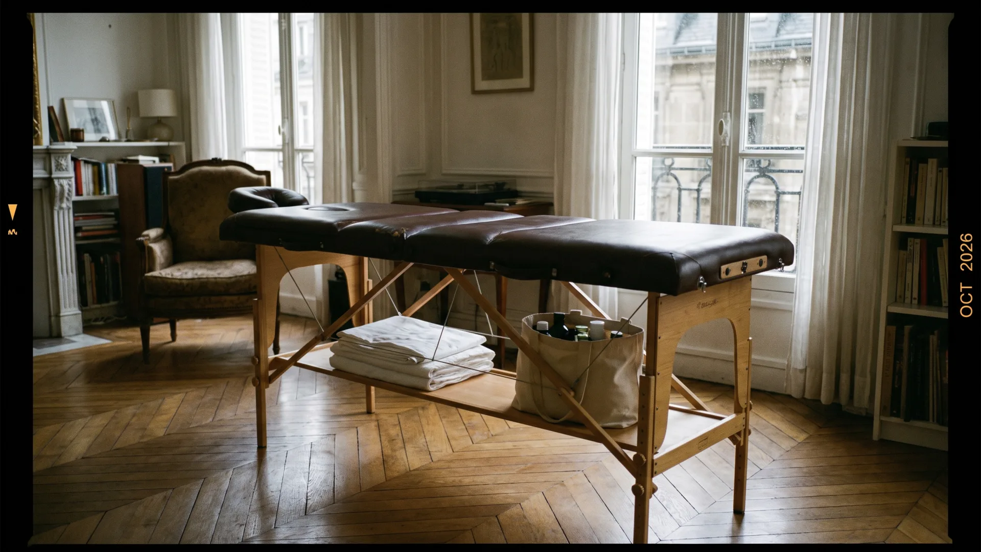 Table portable sur parquet haussmannien, draps blancs pliés, sac fermé