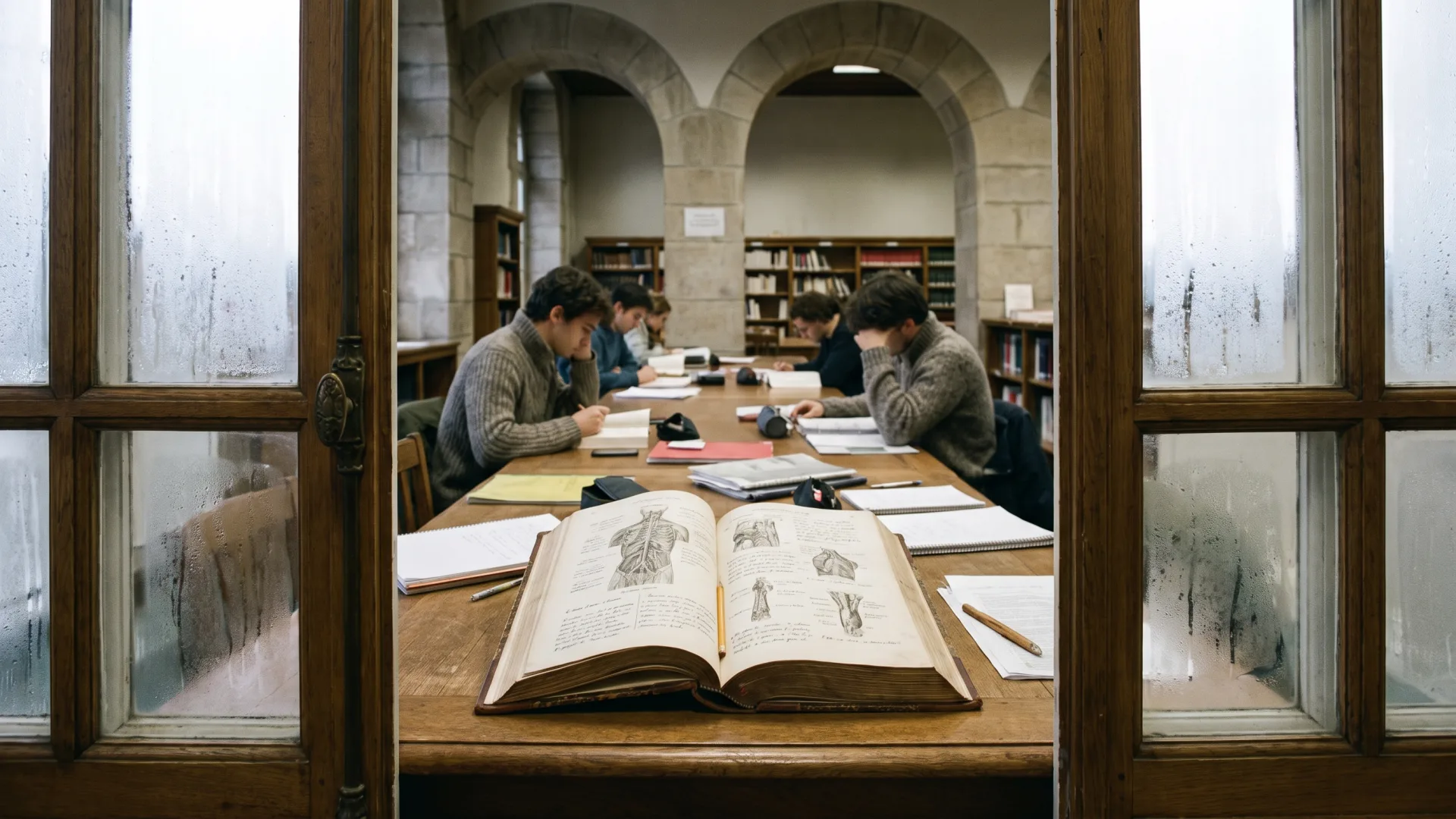 Table de bibliothèque : atlas d’anatomie ouvert, crayon, grandes fenêtres